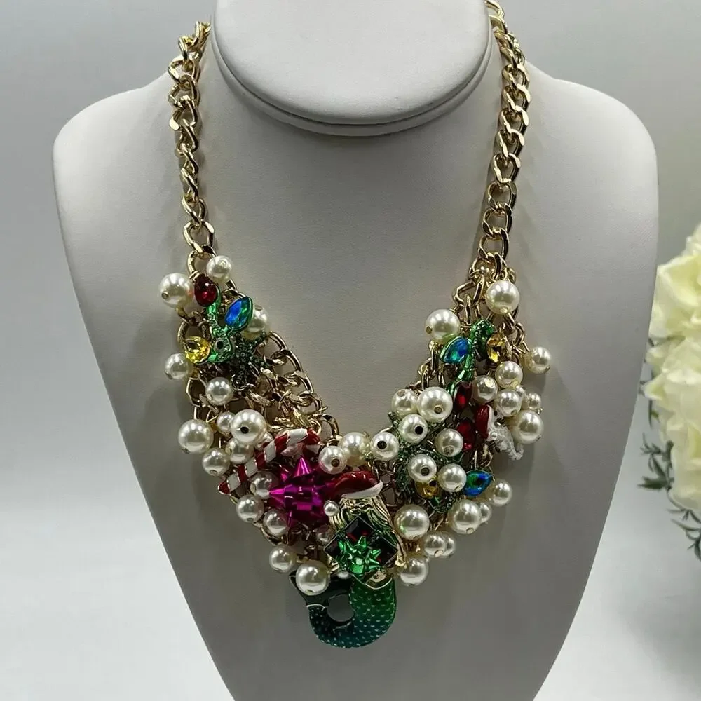 Betsey Johnson Santa‎ Mermaid Candy Cane Drama Christmas Xmas Statement Necklace